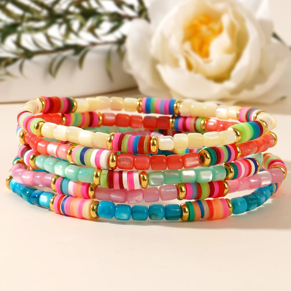 Go2boho Wholesale Fashion Handmade Jewelry Multicolor Shell Beads Heishi Polymer Clay Stretch Beaded Bracelets for Women Gifts