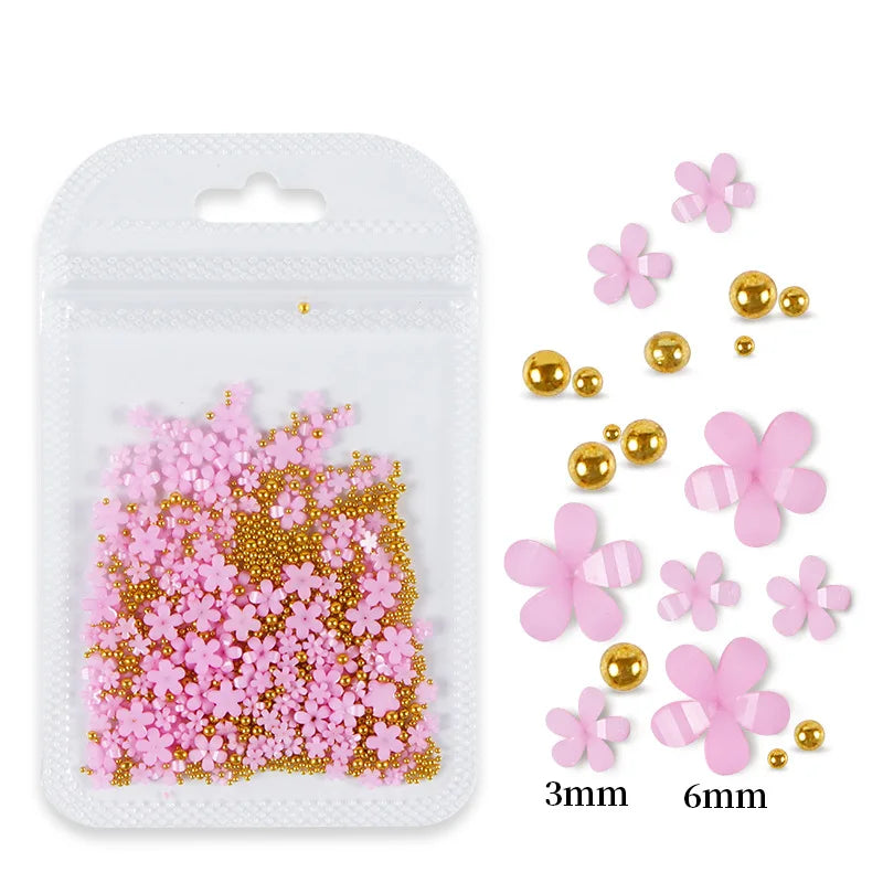 White Pink 3D Acrylic Flower Nail Charms With Pearl Golden Caviar Beads Nail Art Accessories for DIY Nail Art Supplies