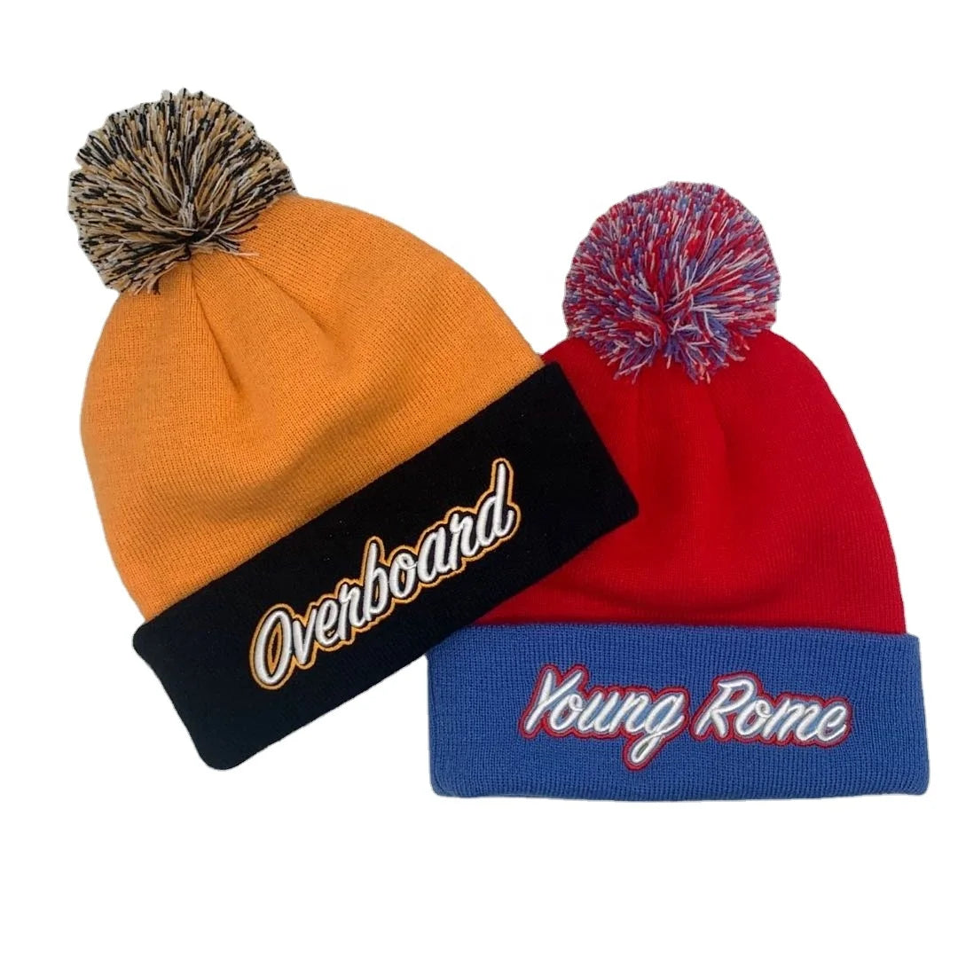 Custom Made Luxury Men Women's Winter Hat Cap Two-Tone Knit Knitted Beanie 3D Embroidery Pompom Custom Logo Beach & Business