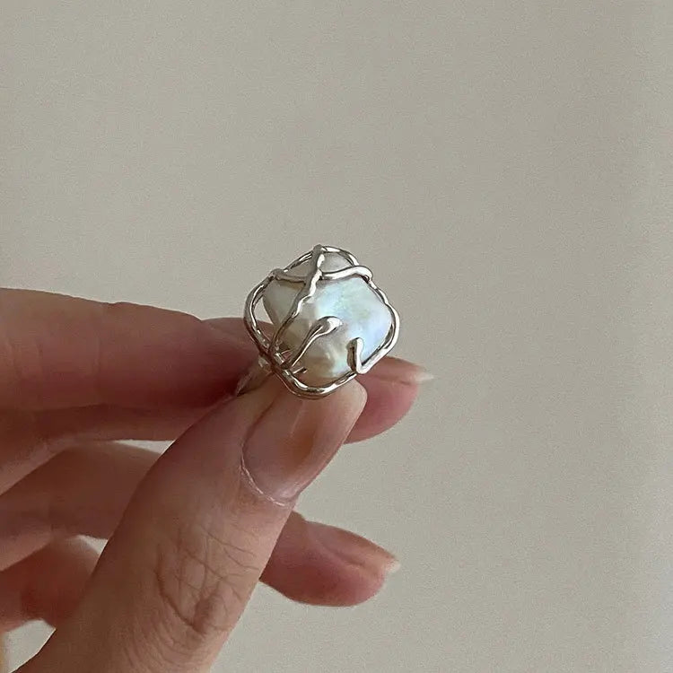 Fashion Sterling Silver  Wrap Ring Open Adjustable Size square Shaped Freshwater Vintage Pearl Ring
