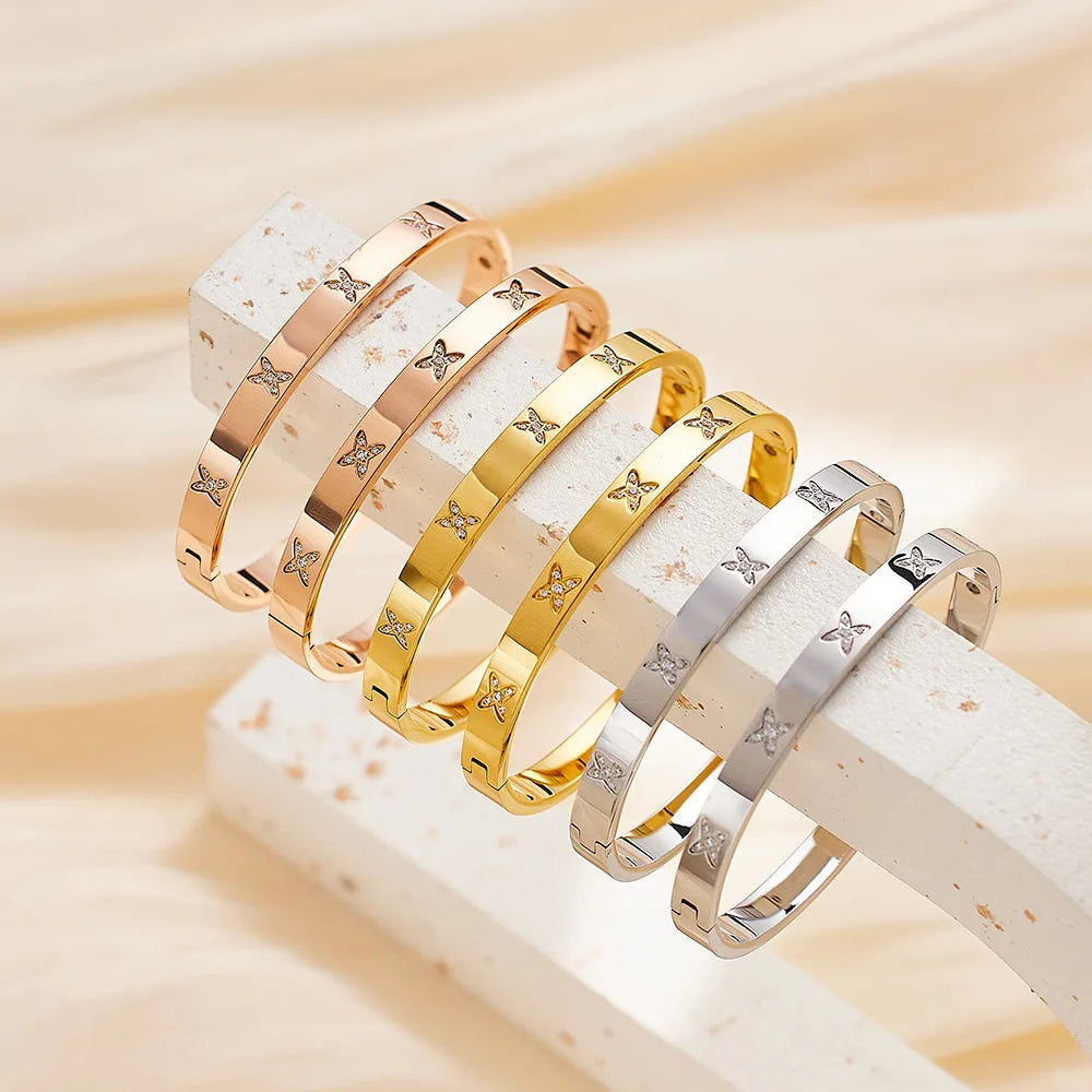 BM Fashion Jewelry Wholesale Cross X Pattern Stainless Steel Zircon Bangle for Women Daily Gold/Silver/Rose Gold Plated