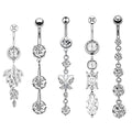 Women's Set Zircon Beach Floating Belly Button Ring Butterfly Dangle Combination Stainless Steel Surgical Navel Rings Body Gift
