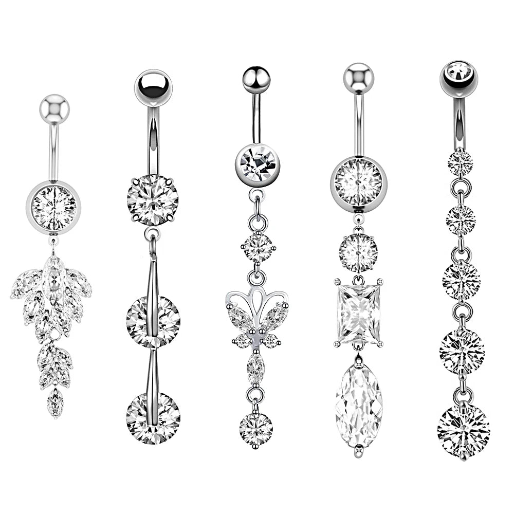 Women's Set Zircon Beach Floating Belly Button Ring Butterfly Dangle Combination Stainless Steel Surgical Navel Rings Body Gift