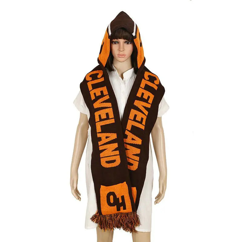 Factory Acrylic Jacquard Scarf Football Knitting Fan Scarf With Hood and Pockets