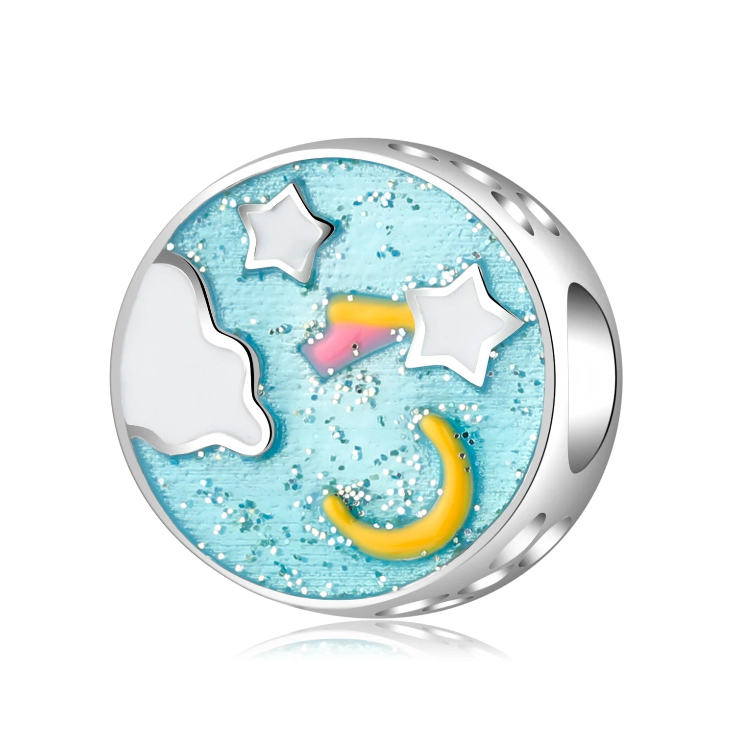 Real 925 Sterling Silver Round Shape Bead Stars and Moon Pattern Eanmel Charm for Original Designer Charm Bracelet Women Jewelry
