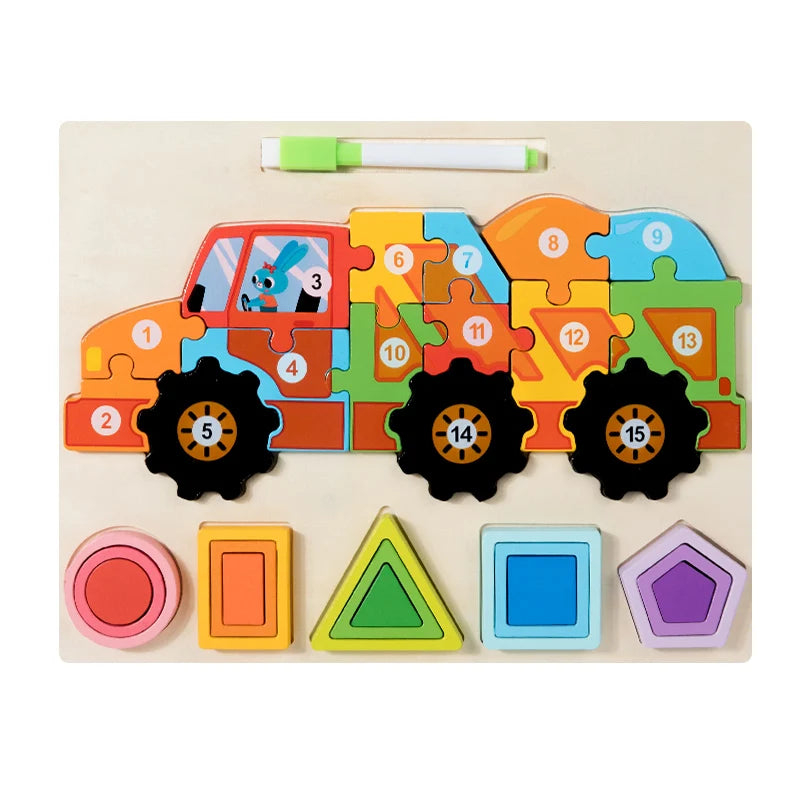 Cpc Ce New Wood Jigsaw Puzzle Montessori Educational Multifunction Shape Vehicle Cognitive Puzzle Drawing Board Toy for Children