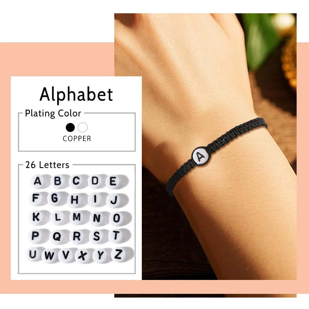 Hot Selling Fashion Jewelry Simple Design Black Wax Rope Hand-woven Acrylic Letter Charms Bracelet for Women Men Jewelry