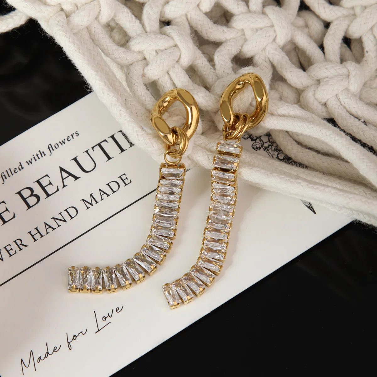 Chris April Fashion Jewelry PVD Gold Plated 316L Stainless Steel Non-tarnish Bling Bling Bejeweled Zircon Tassel Drop Earring