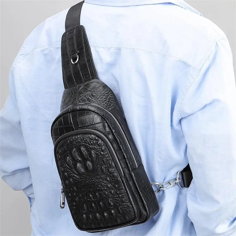 MARRANT Men Crocodile Single Shoulder Crossbody Chest Bag Satchels Hiking Daypack Genuine Leather Sling Bag Chest Bag for Men