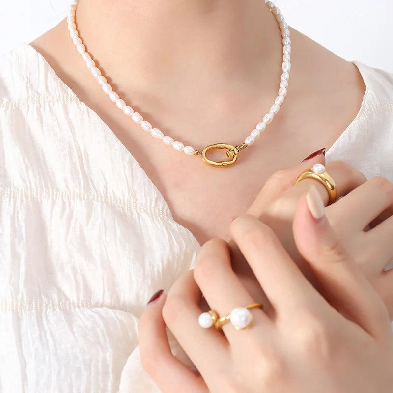 Graceful and Fashionable Personality Natural Freshwater Pearl Clavicle Necklace Bracelet Jewelry Stainless Steel Gold Jewelry