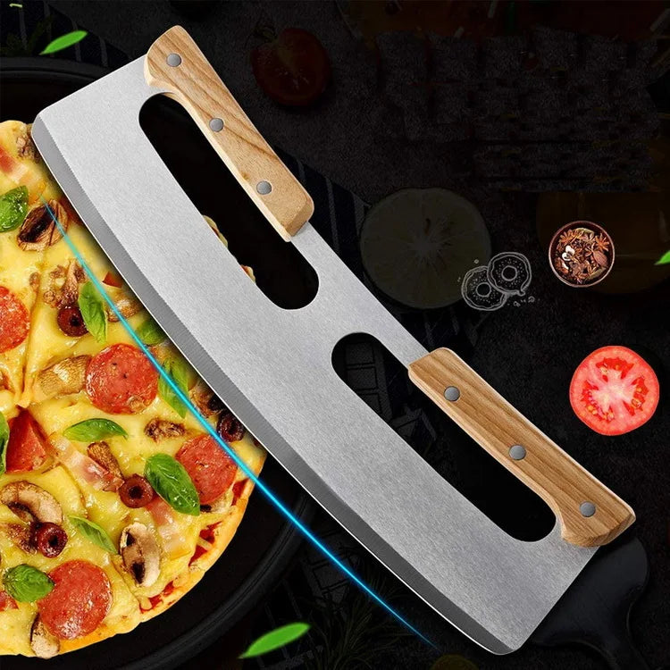 Pizza Cutter Slicer Knife with Double Wooden Handle Stainless Steel Pizza Cutter Pizza Tools
