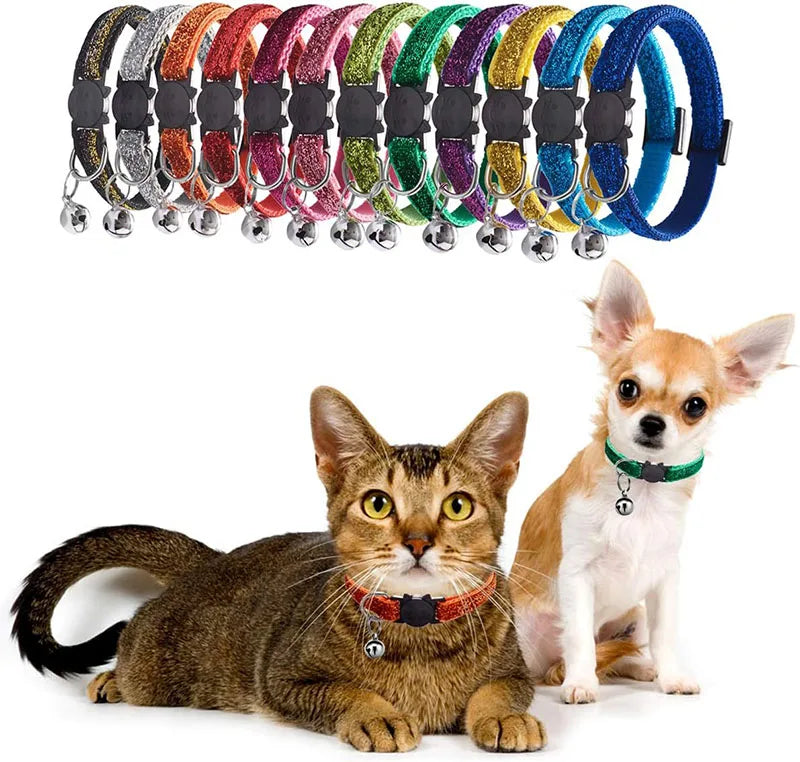 Nylon Sparkle Mixed Colors Adjustable Safety Kitten Collars Breakaway Buckle Cat Collars with Bell