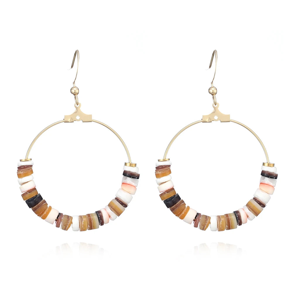Summer Colorful Neon Hoop Earrings Handmade Gold Plated Brass Turquoise Agate Classic Brass Hoop Gifts Pearl Copper Alloy