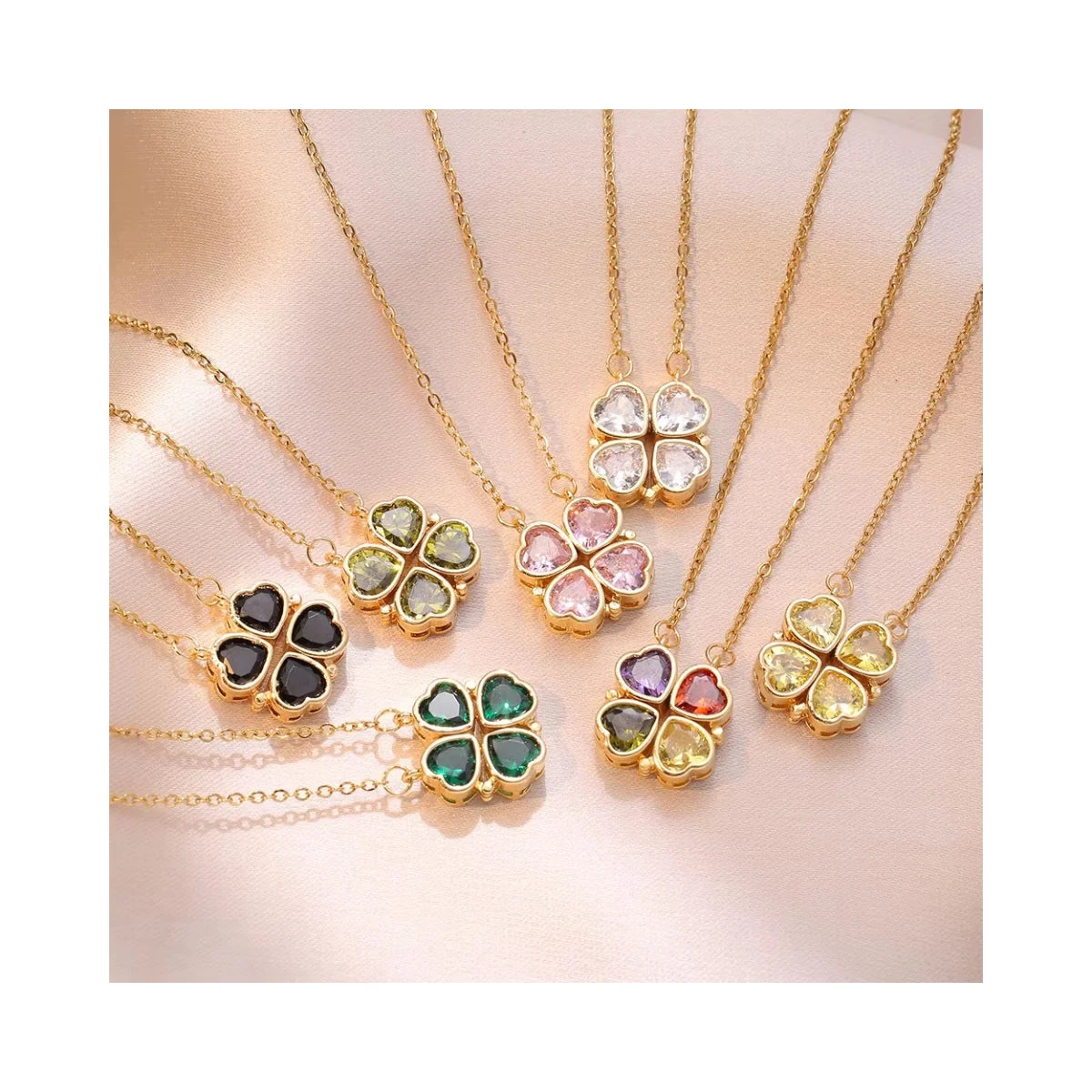 18K Gold Plated Crystal Clover Necklace Lucky CZ Magnetic Stainless Steel Four Leaf Clover Heart Necklace