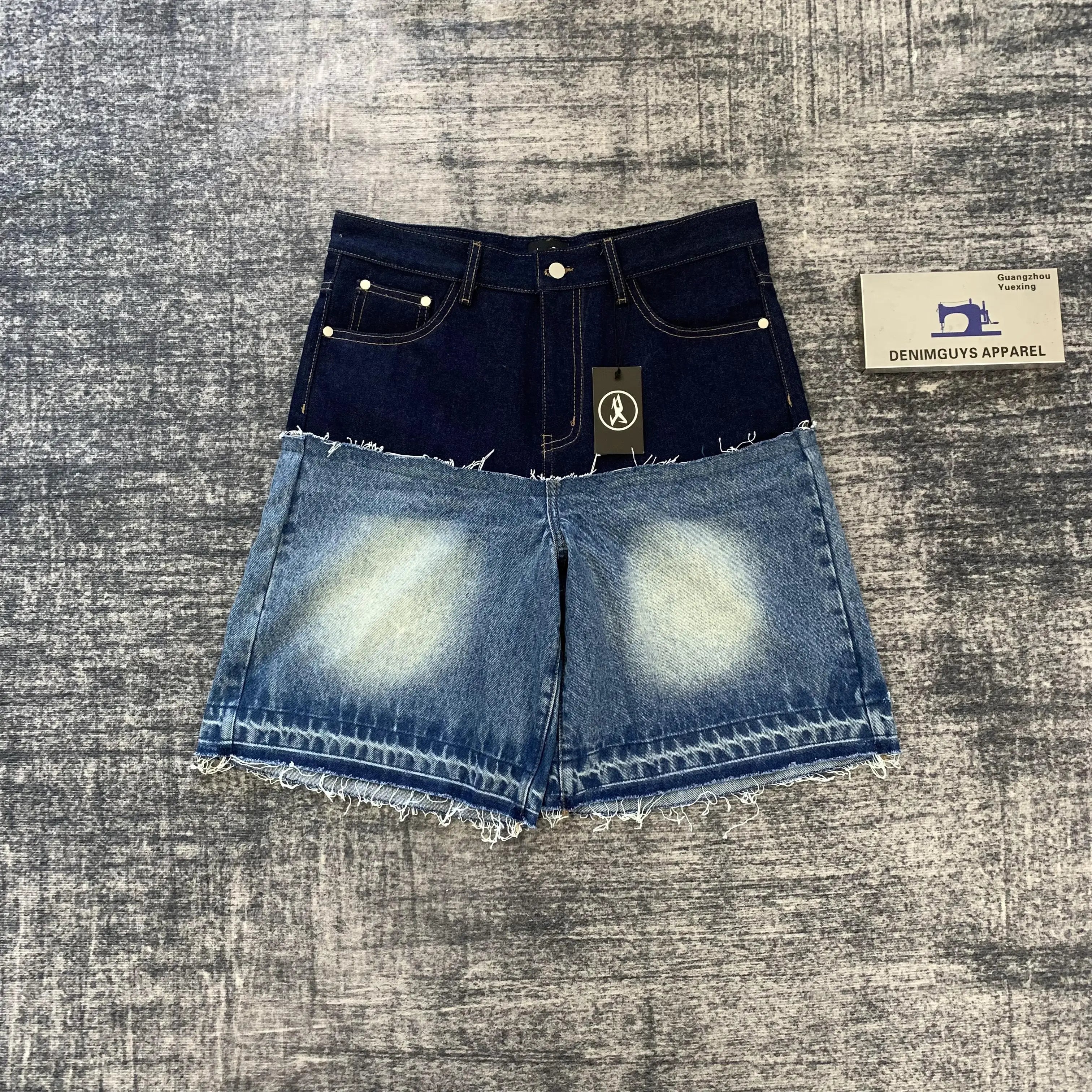 DENIMGUYS Custom Vintage Men's  No Wash Fabric Contrast Jorts Double Waist Patchwork Shorts Men's Baggy Denim Jorts