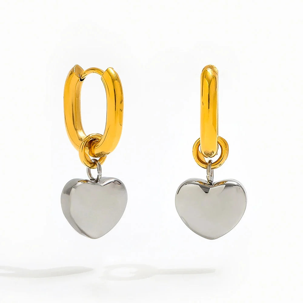 Trendy 18K Gold Plated Gold & Silver Two-tone Rectangle U Huggie Hoop Heart Pendant Earring Stainless Steel Jewelry Wholesale MegaBDM