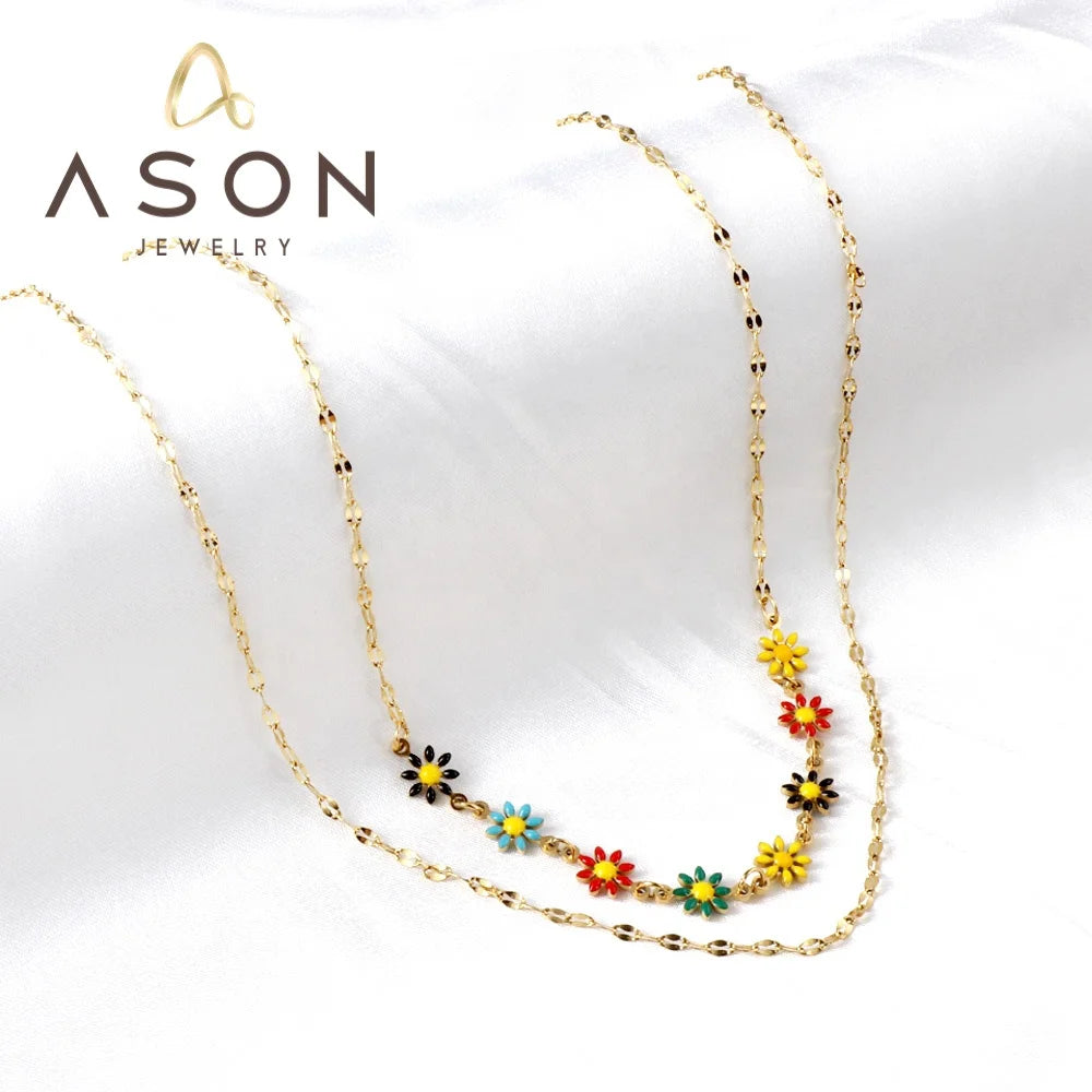 Ason New Stainless Steel Jewelry Necklace 8 Mixed Color Small Zou Chrysanthemums + With Chain Double Chains Necklace