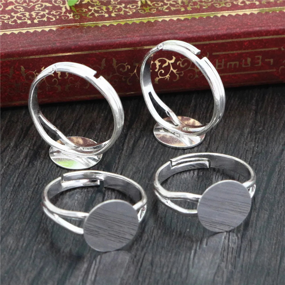 10pcs/lot 6mm 8mm 10mm Bronze Silver Plated Brass Adjustable Ring Blank Base Round Cabochon DIY Rings Bezel Trays Findings