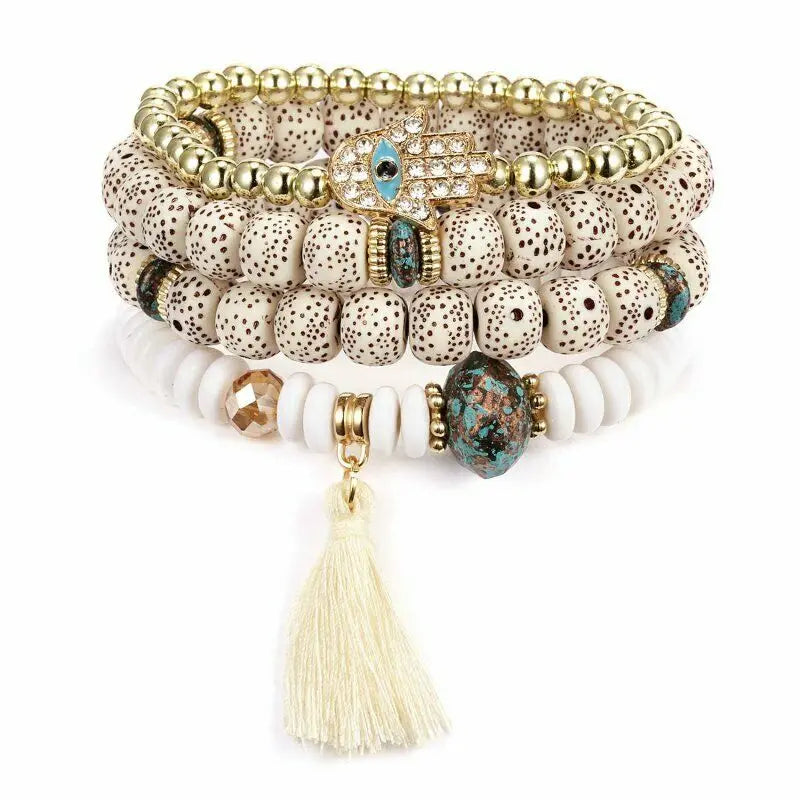 Vintage 4Pcs/Lot Children's Bracelets Set Bohemia Charm CZ Head Natural Stone Beads Tassel Pendants Engagement