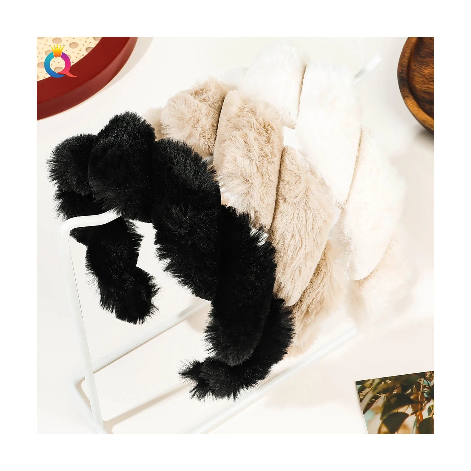 QIYUE Soft Plush Headband Braid Fluffy Hair Band Headwear Women Winter Warm Hair Accessory