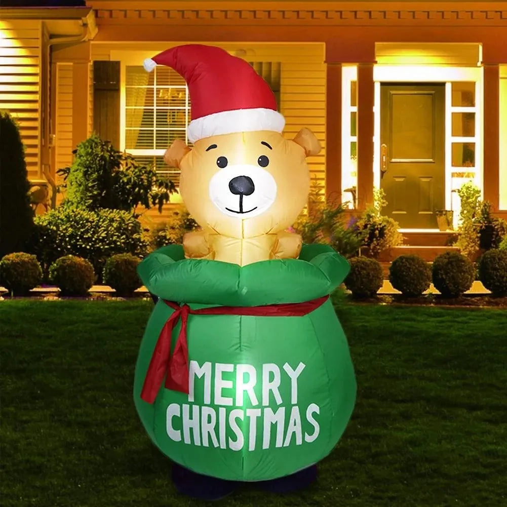 Factory Price 1.5M LED Inflatable Model Christmas Bear in Green Gift Bag with Light for Courtyard Lawn Xmas Party Decoration