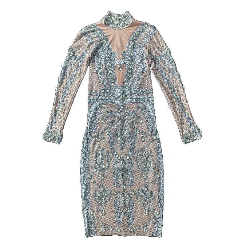 Sparkling Long Sleeve Print Formal Cocktail Club Party Rhinestone Dress Women Sexy Bodycon Evening Gown Night Wedding Prom Dress