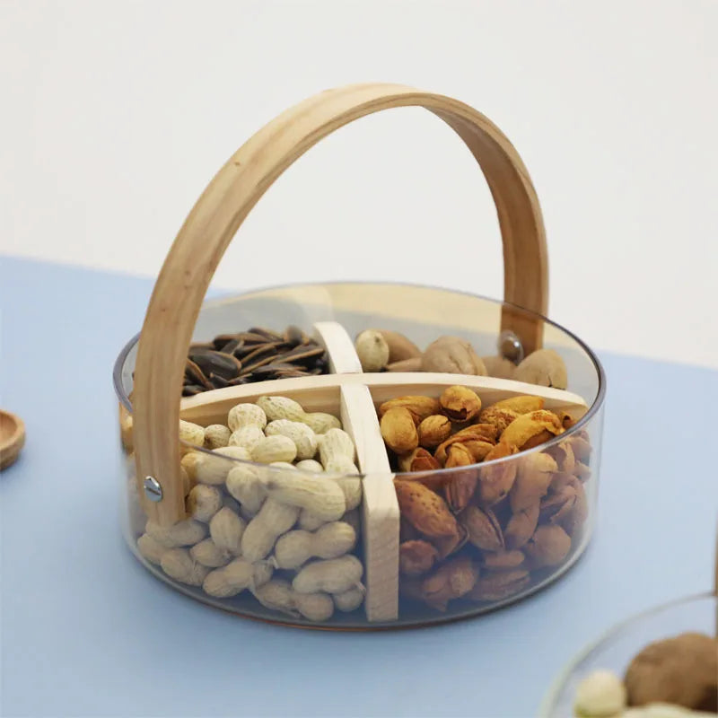 Living Room Glass Fruit Plate Transparent Ice Bucket Salad Bowl Snack Storage Basket With Wooden Handle