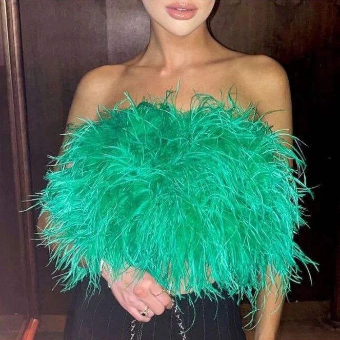 2023 Ladies Fur Cropped Wraps Zipper Sleeveless Bustier Feather Corset Tube Top Strapless Ostrich Feather Fur Top Women