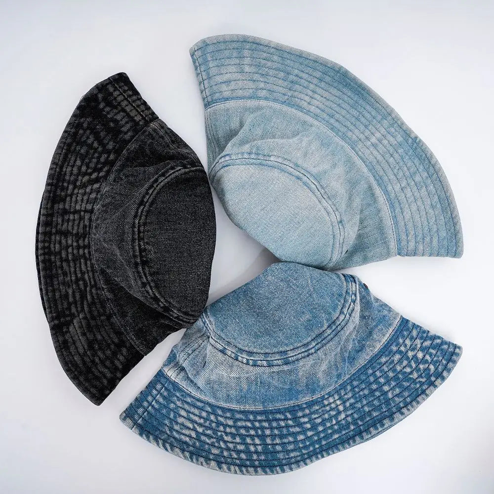 Blue Denim Distressed Jeans Bucket Hat 60cm Unisex Designer Silk Pigment Wash Bleached Printed Famous Brand for Daily Use