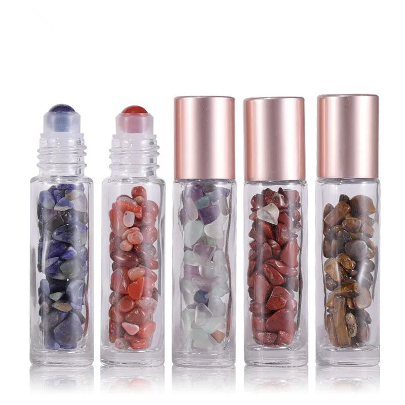 In Stock 10ml clear Glass Roll on Bottle With Rose Gold Lid and Crystal/gemstone Roller/Chips Inside