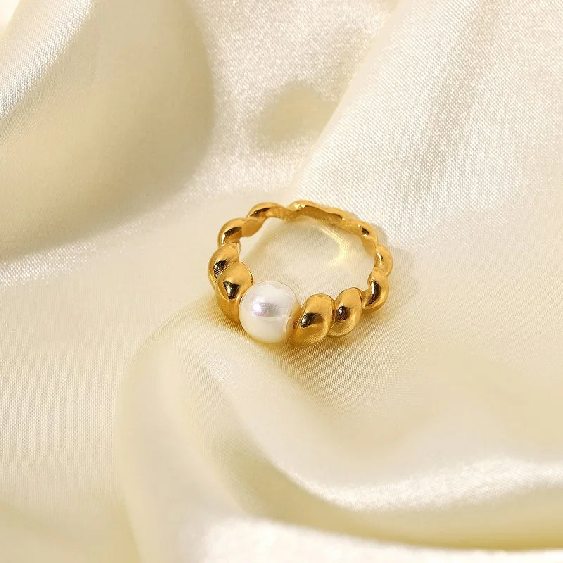 Popular 18k Gold Pvd Plated Carnelian Crystal Red Onyx Ring Stainless Steel Colorful Black Green Onyx Stone Pearl Finger Ring