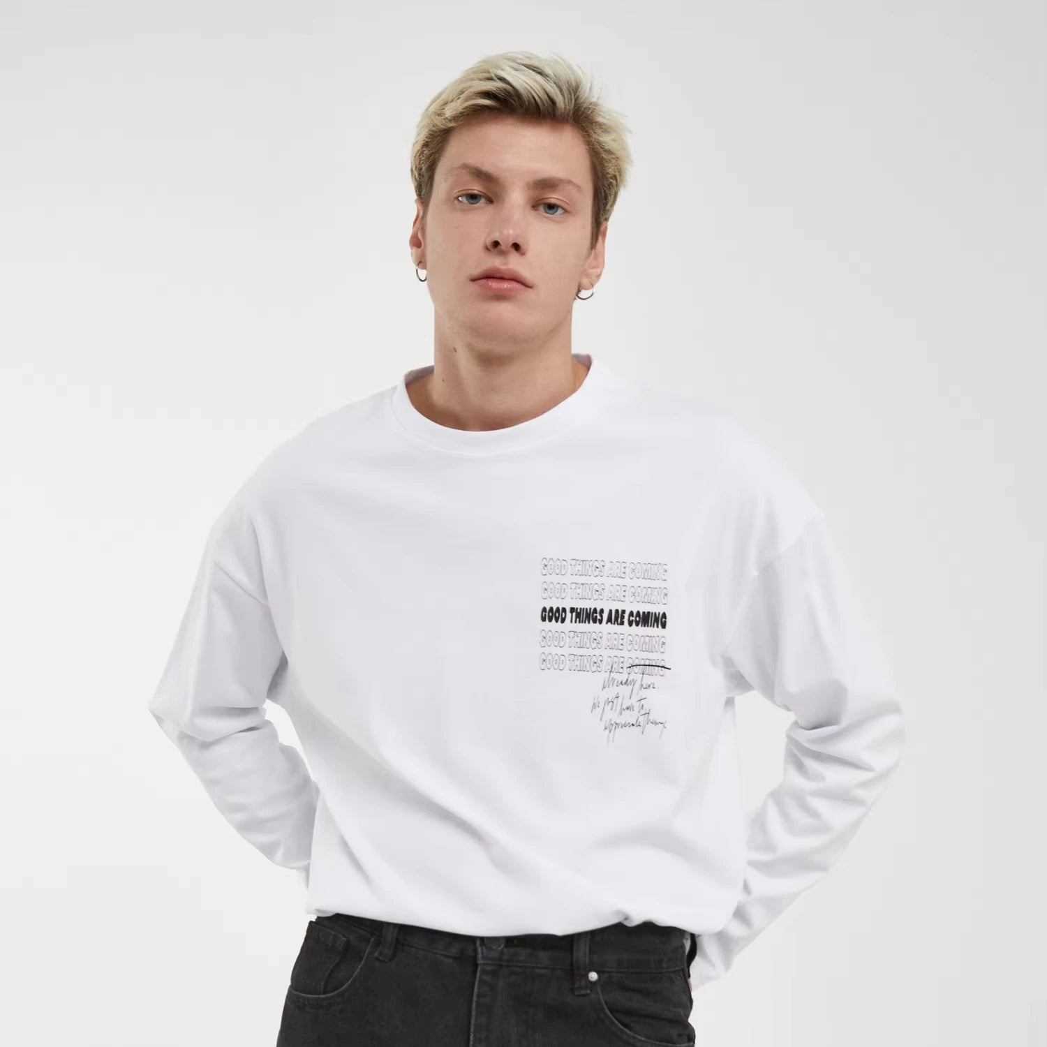 Imperio Shop Men's Regular Fit Casual with Pattern Good Things Are Coming Breathable O-Neck Long Sleeve T-Shirt in Negro XS