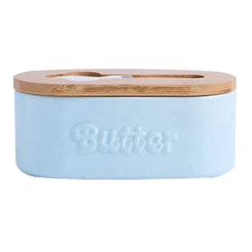 Wholesale Large Ceramic Butter Dish with Wooden Bamboo Lid Rectangle Airtight Butter Keeper with Knife