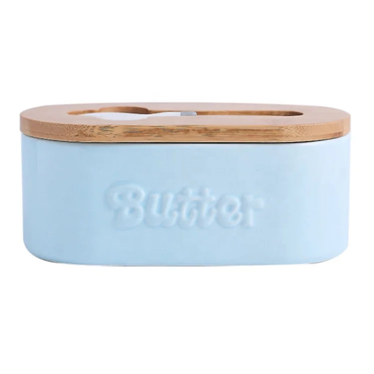 Wholesale Large Ceramic Butter Dish with Wooden Bamboo Lid Rectangle Airtight Butter Keeper with Knife