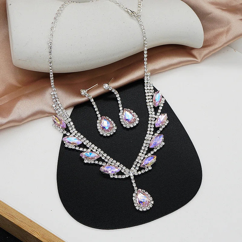 Hot Sale Glamorous Bridal Jewelry Set Luxurious Rhinestone Crystal Necklace Earrings Indian Statement Necklace Sets for Women