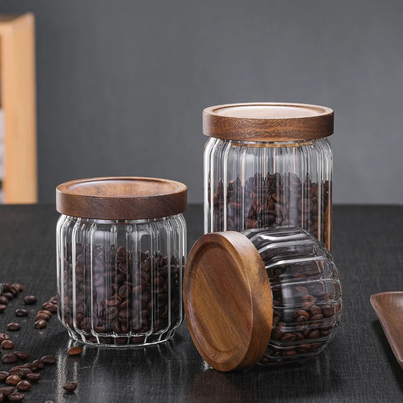 Kitchen Seasoning Jar Airtight Glass Food Storage Jar With Acacia Wood Lid Air Tight Glass Jars