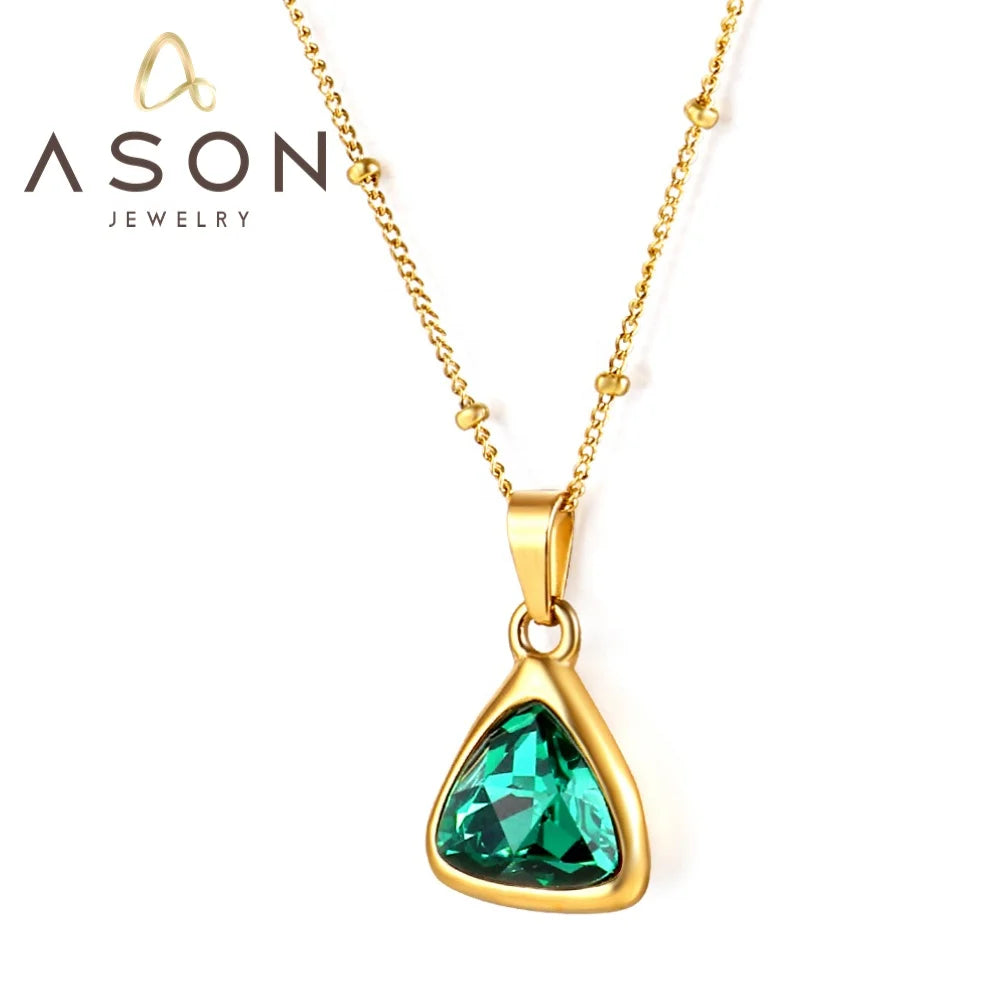 Ason Jewelry Stainless Steel 18k Gold Plated Bead Chain Necklace Triangle Green Diamond Pendant Necklace