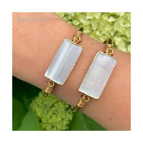 BM27696 Natural Gemstone White Selenite Rectangle Shape Bar Cuff Bangle Gold Plated Wire Wrapped Bracelet Fashion Chic Jewelry