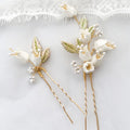 SLBRIDAL Alloy Green Leaf Opal Crystal Ceramic Flower Pearls Bridal Hair Pins Wedding Hair Sticker Women Hair Accessories