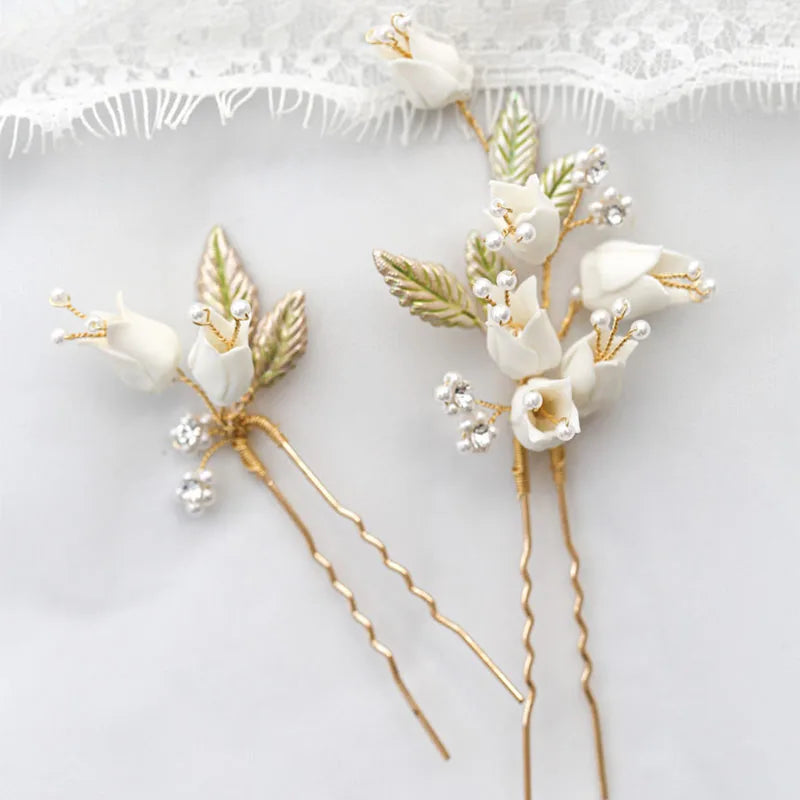 SLBRIDAL Alloy Green Leaf Opal Crystal Ceramic Flower Pearls Bridal Hair Pins Wedding Hair Sticker Women Hair Accessories