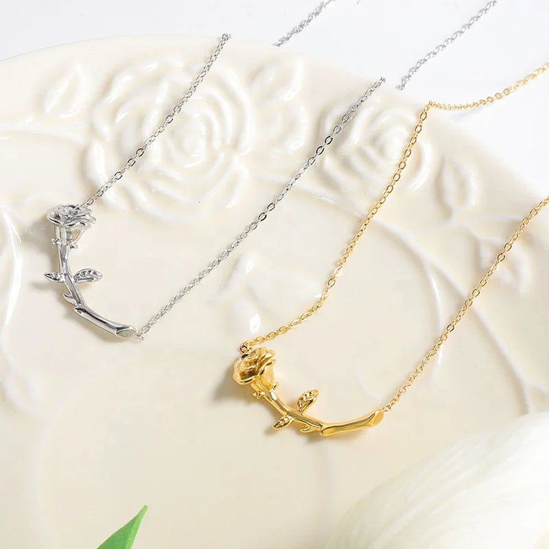 MICCI Wholesale French Style Romantic Jewelry 18k Gold Plated Stainless Steel Rose Flower Pendant Necklace For Women Gift