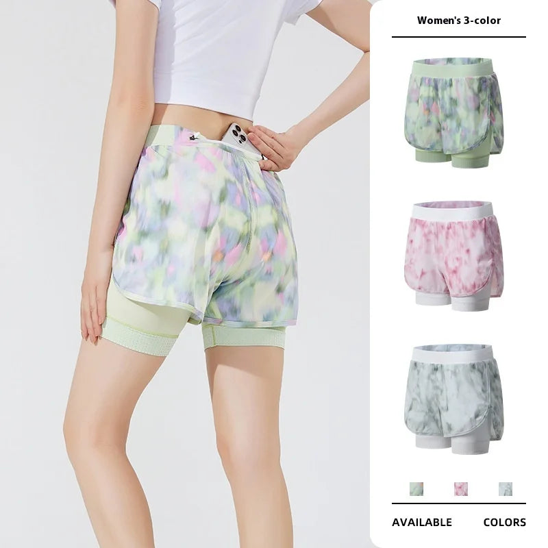 Women's Summer High Waist Fitness Shorts Cool Yoga Running Pants XL Size Spandex Colorful Print Top Two-Piece Athletic