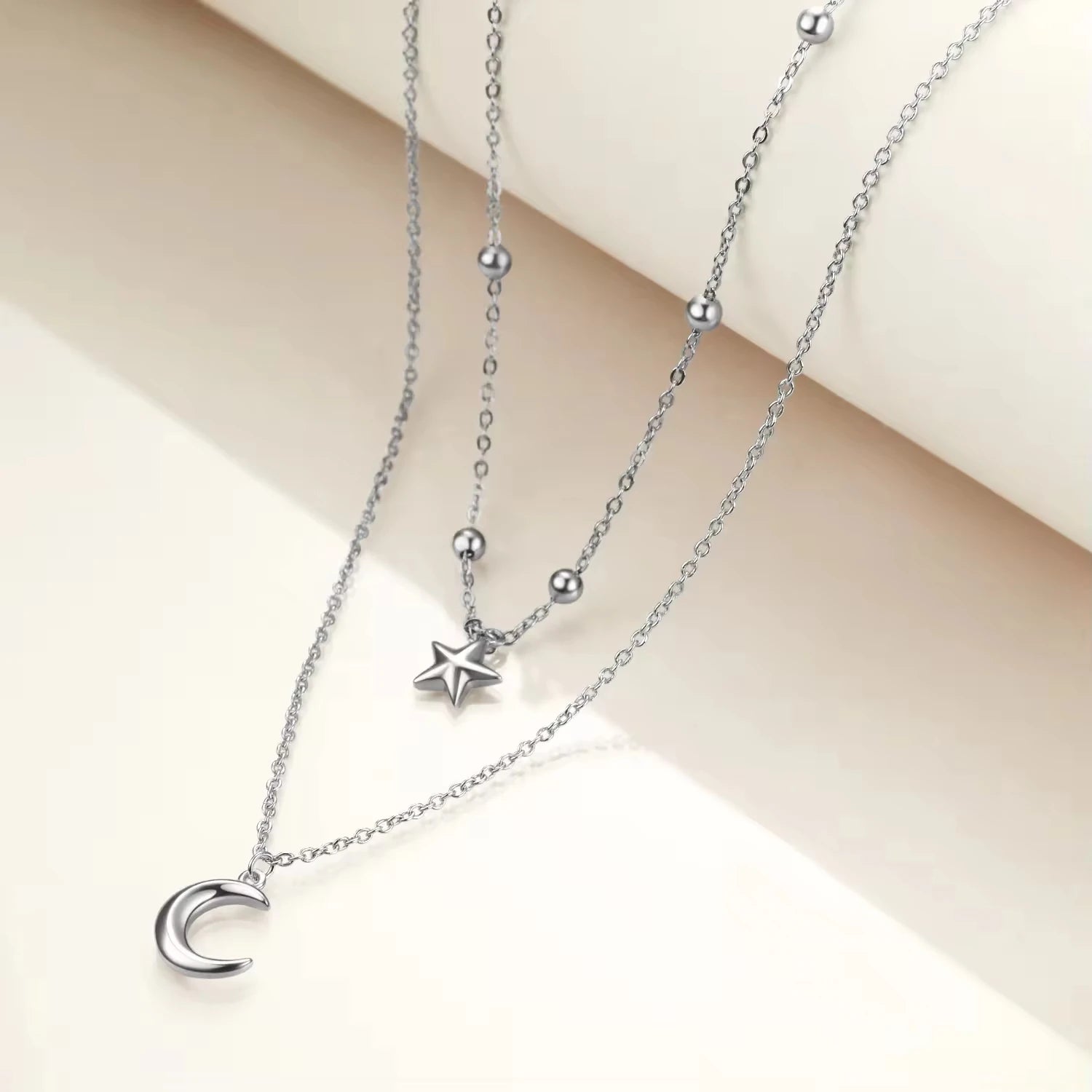 Trendy Jewelry 925 Sterling Silver Rhodium Plated Double Layer Moon and Star Chokers Necklace