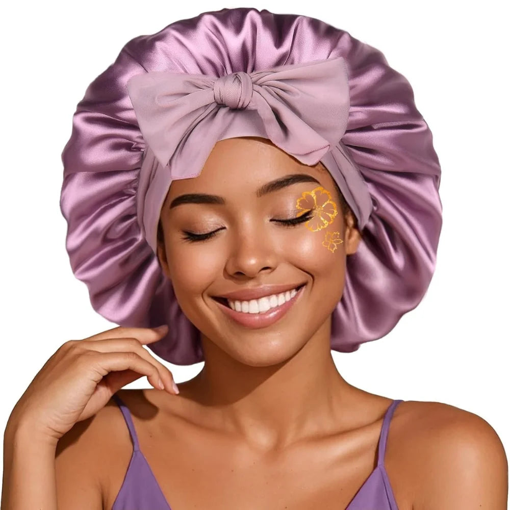QINYAN Wholesale Satin Bonnet Custom Purple Bonnets and Satin Hair Wraps for Women Daily Sleep Care with Curly Design