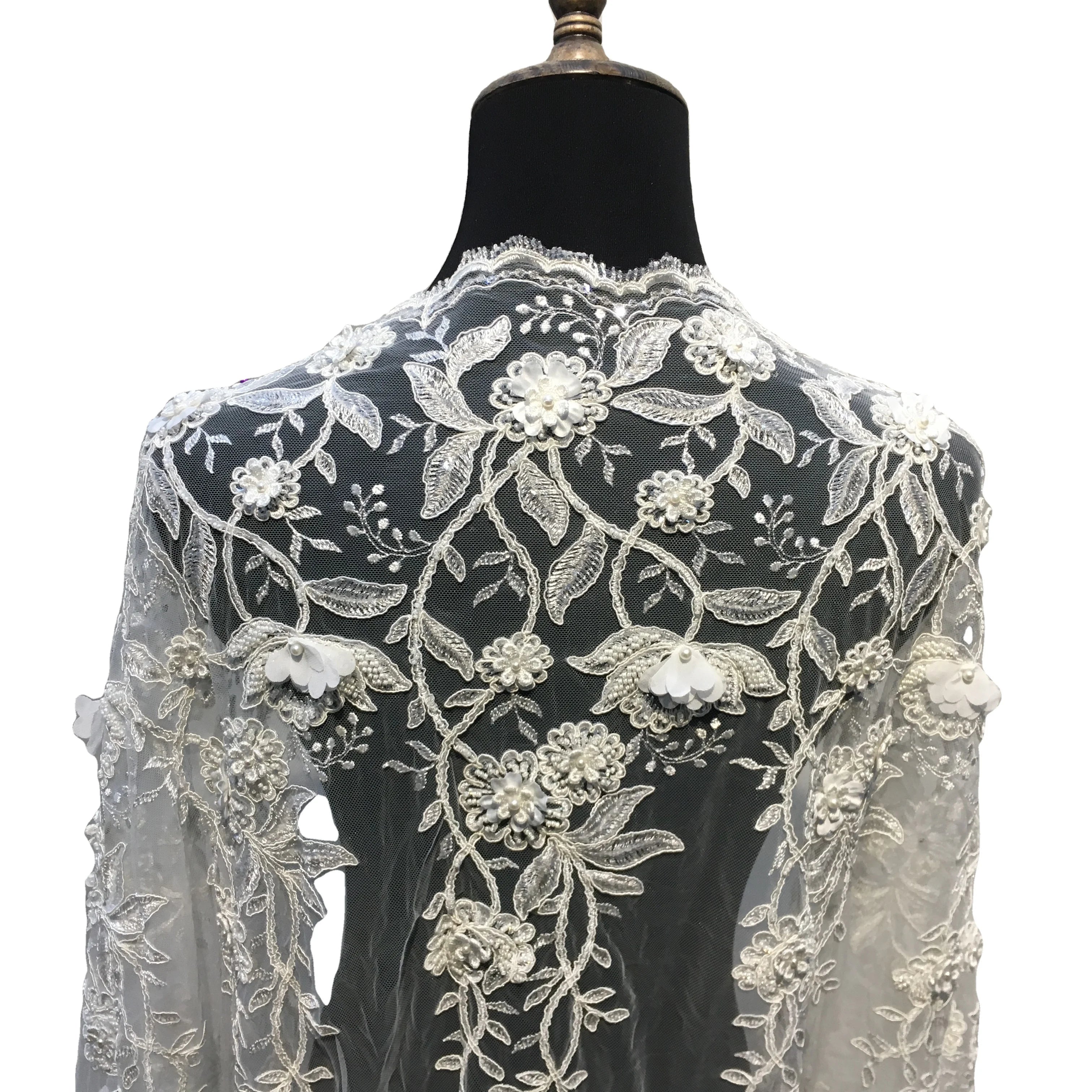 Latest White African Embroidery Lace Fabric With Beads Beautiful French 3D Flowers Net Lace Wedding Dress