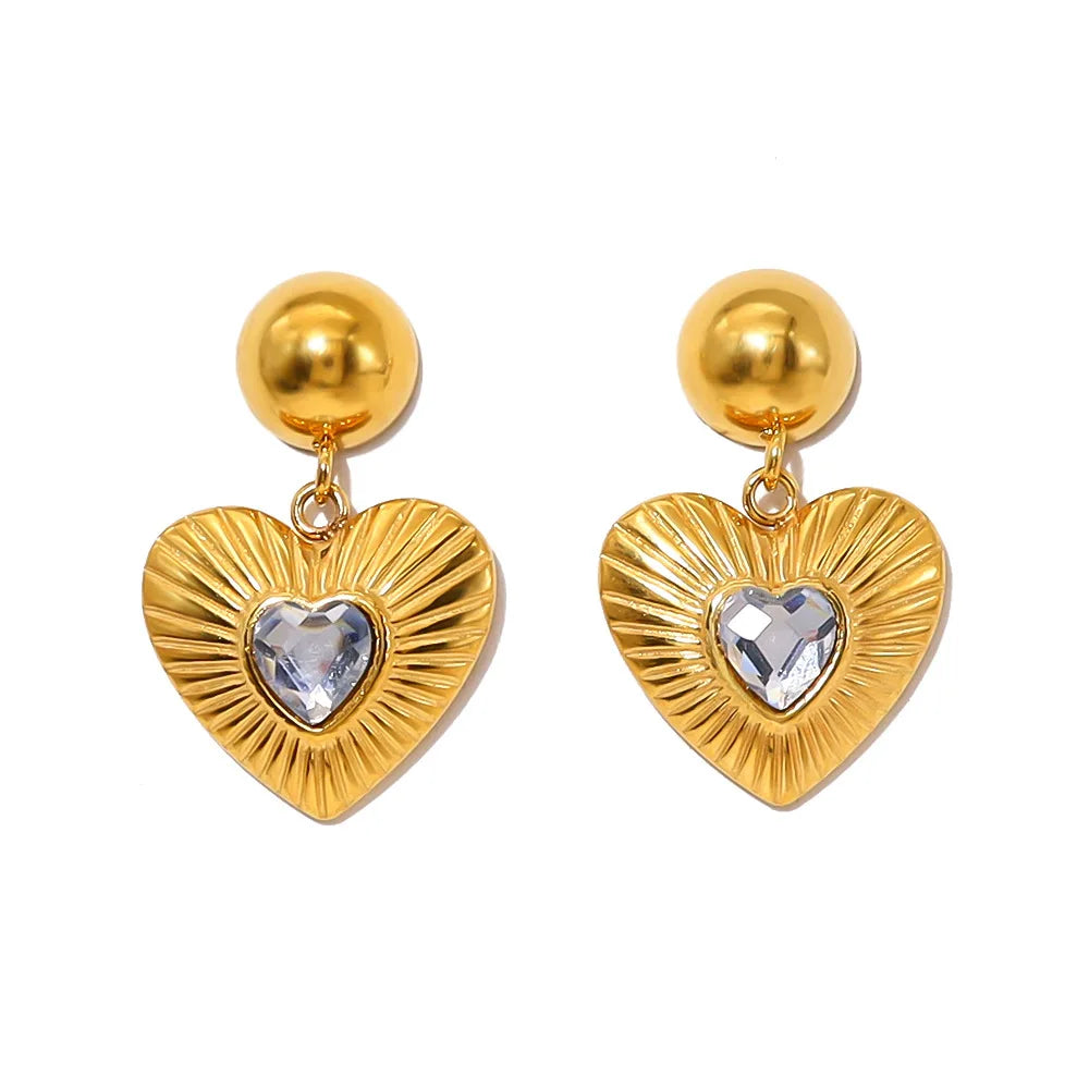 Tarnish Free Heart Drop Earrings 18k Gold Plated Heart Pendant Crystal Stainless Steel Earrings for Women Valentine's Day Gift
