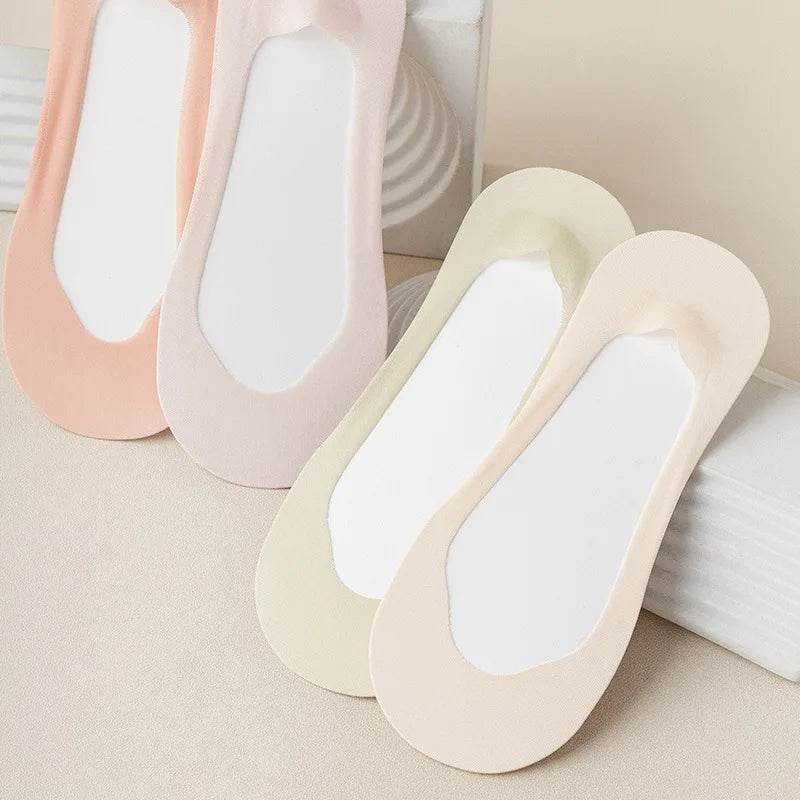 4Pairs /set Casual No Show Women Invisible Non-Slip Bottom Splice Socks  Silk Boat Socks Casual Non-Slip Bottom Splice Socks