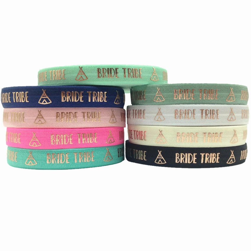 100Y 5/8" Bride Tribe Teepee Print Fold Over Elastic Rose Gold Foil Elastic for Wedding Gift DIY Hair Ties Bracelet Wristband
