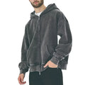 Custom Men's Winter Stylish Fleece Hoodie Jacket Vintage Wash Black with Stand Collar and Letter Pattern