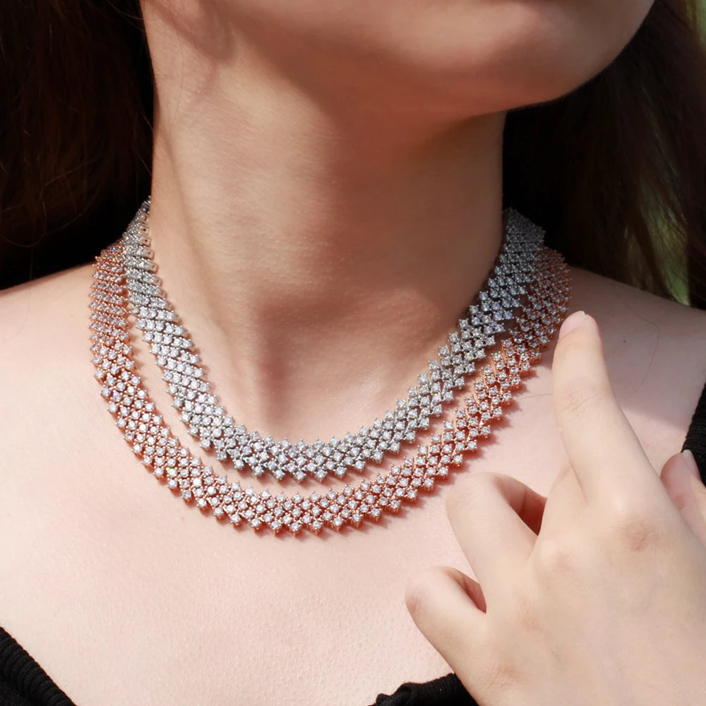 CWW 255 Pcs Round Cubic Zirconia Pave Rose Gold Color Wide Tennis Chain Bridal Necklace Jewelry for Women Wedding Luxury Party